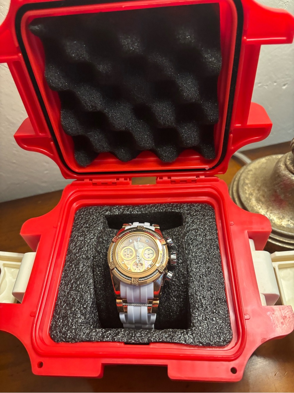 Invicta Two-Tone Gold and Silver Chronograph Watch with White Strap
